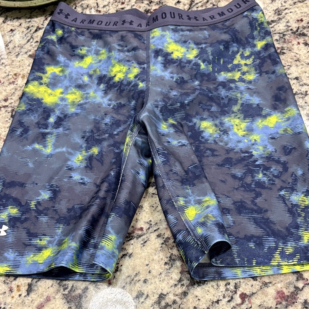 Under Armour Navy Compression Shorts with Lime & Light Blue Accent